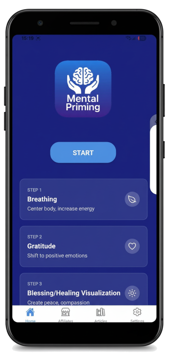 Mental Priming Android app home screen showing daily priming steps
