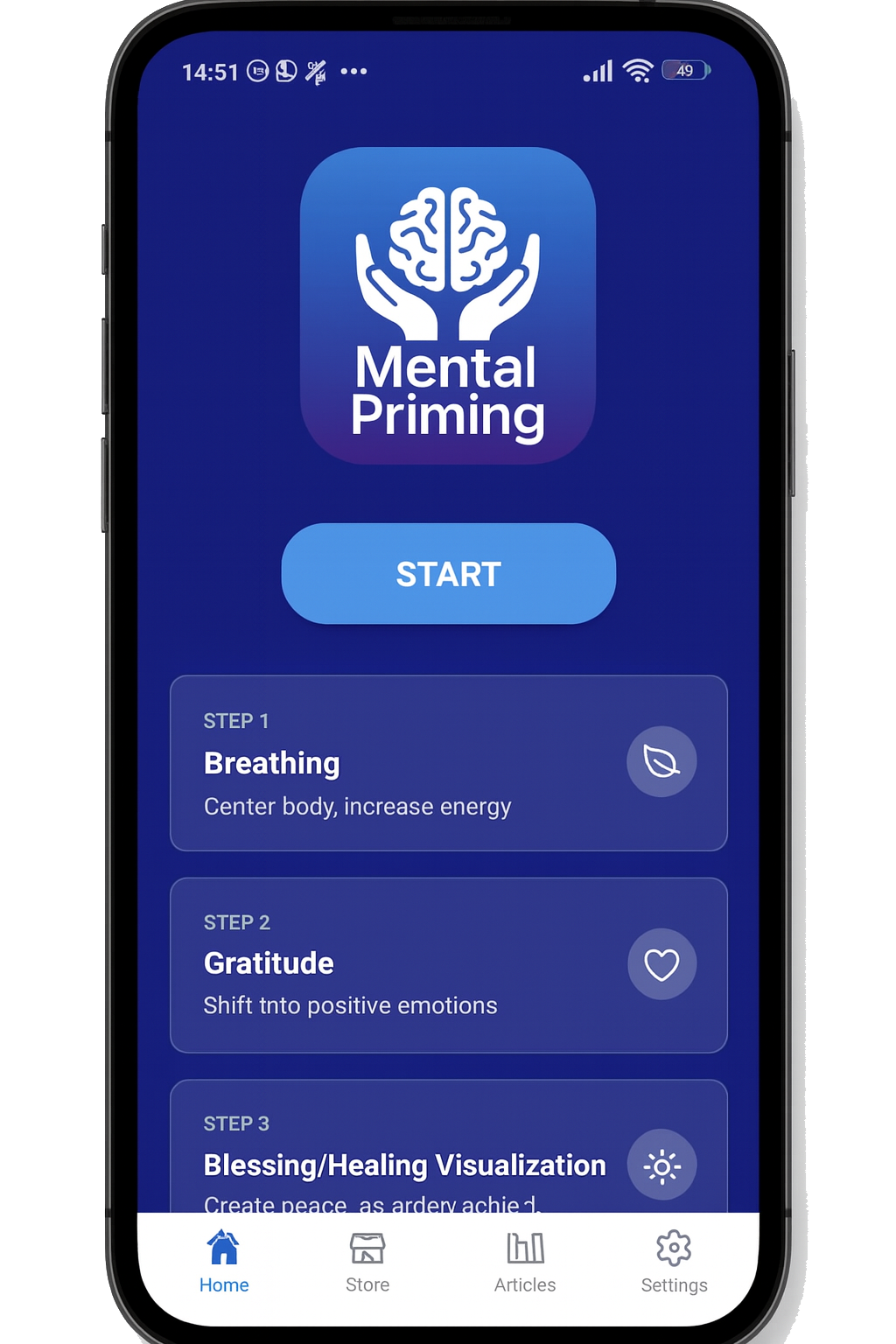 Mental Priming app home screen on a smartphone